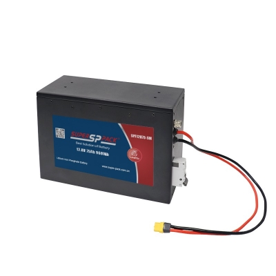 front view of 12.8V 75Ah lithium battery with M8 terminals and black casing